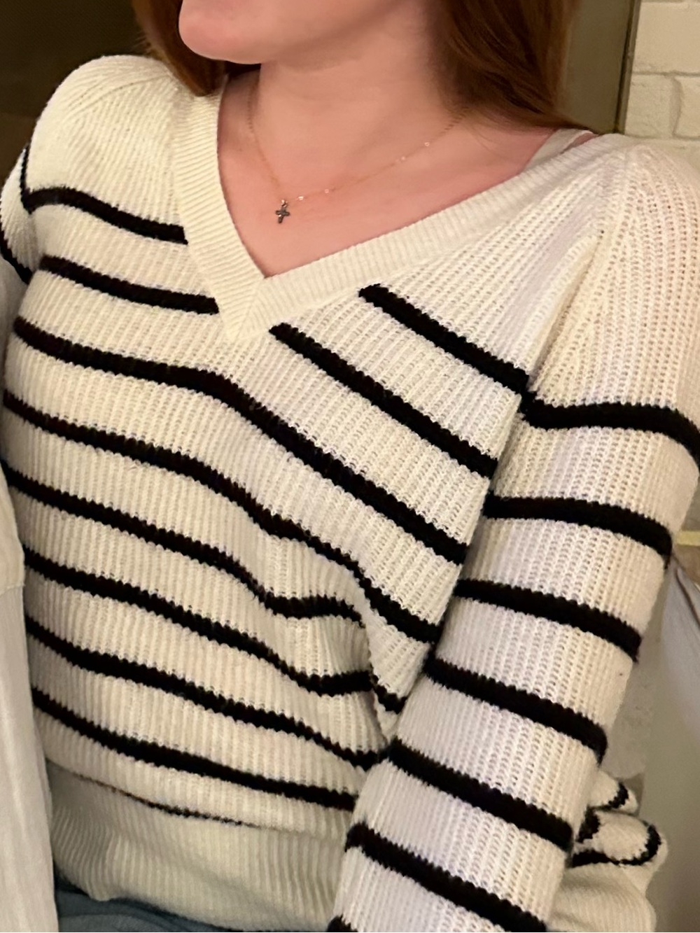 Old Navy White and Black Striped V‑Neck Sweater